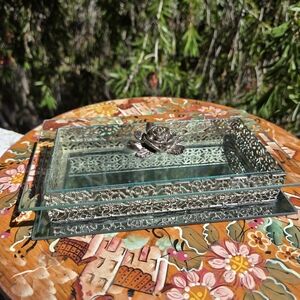 Studio Silversmiths Rose Filigree‎ Beveled Glass Mirrored Jewelry Box VTG